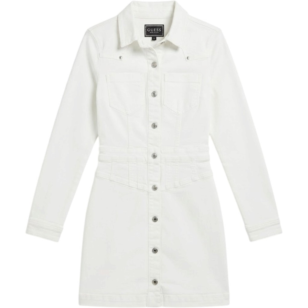 Guess Sara Denim Mini Dress Jungle White Long Sleeve Button Front XS W02K08D2G6I